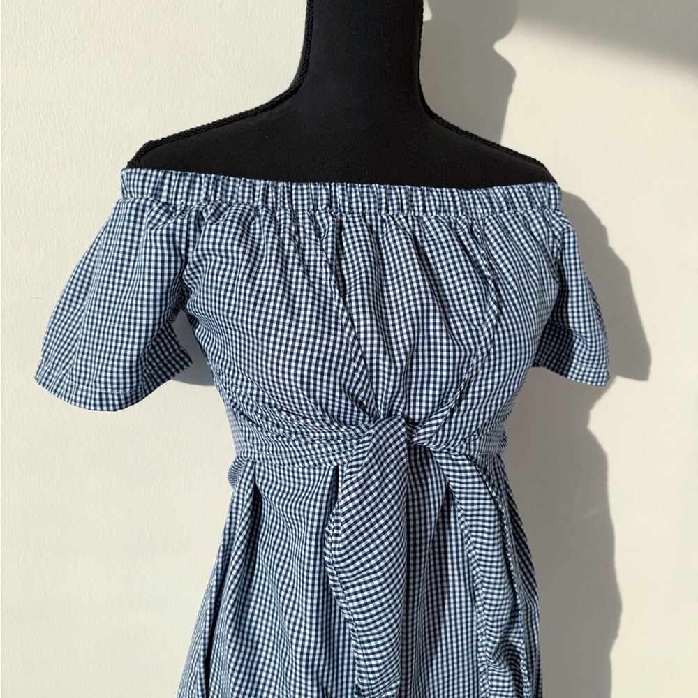 Off-Shoulder Blue Gingham Tie-Front Dress